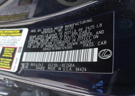 2022 Lexus Es 350 z USA, uszkodzony, nr VIN 58ADZ1B18NU124086